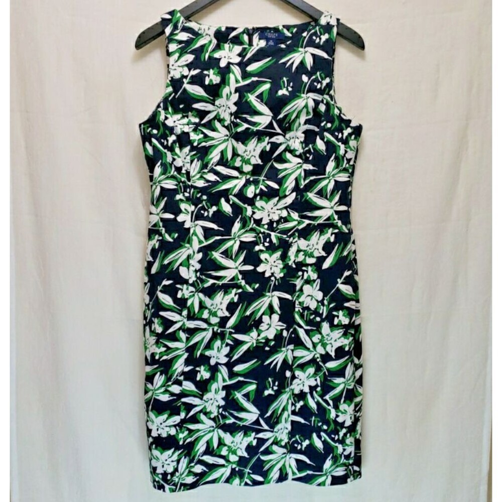 Chaps Floral Sheath Dress Navy Green White Sleeveless Size 14 Floral Botanical